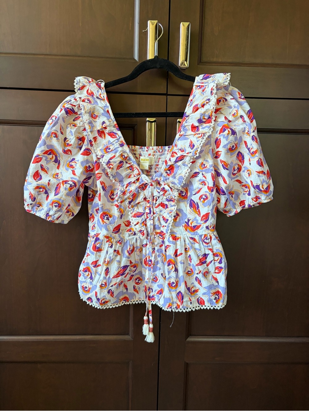 Maeve Smocked Peplum Puff-Sleeve Blouse -  Floral